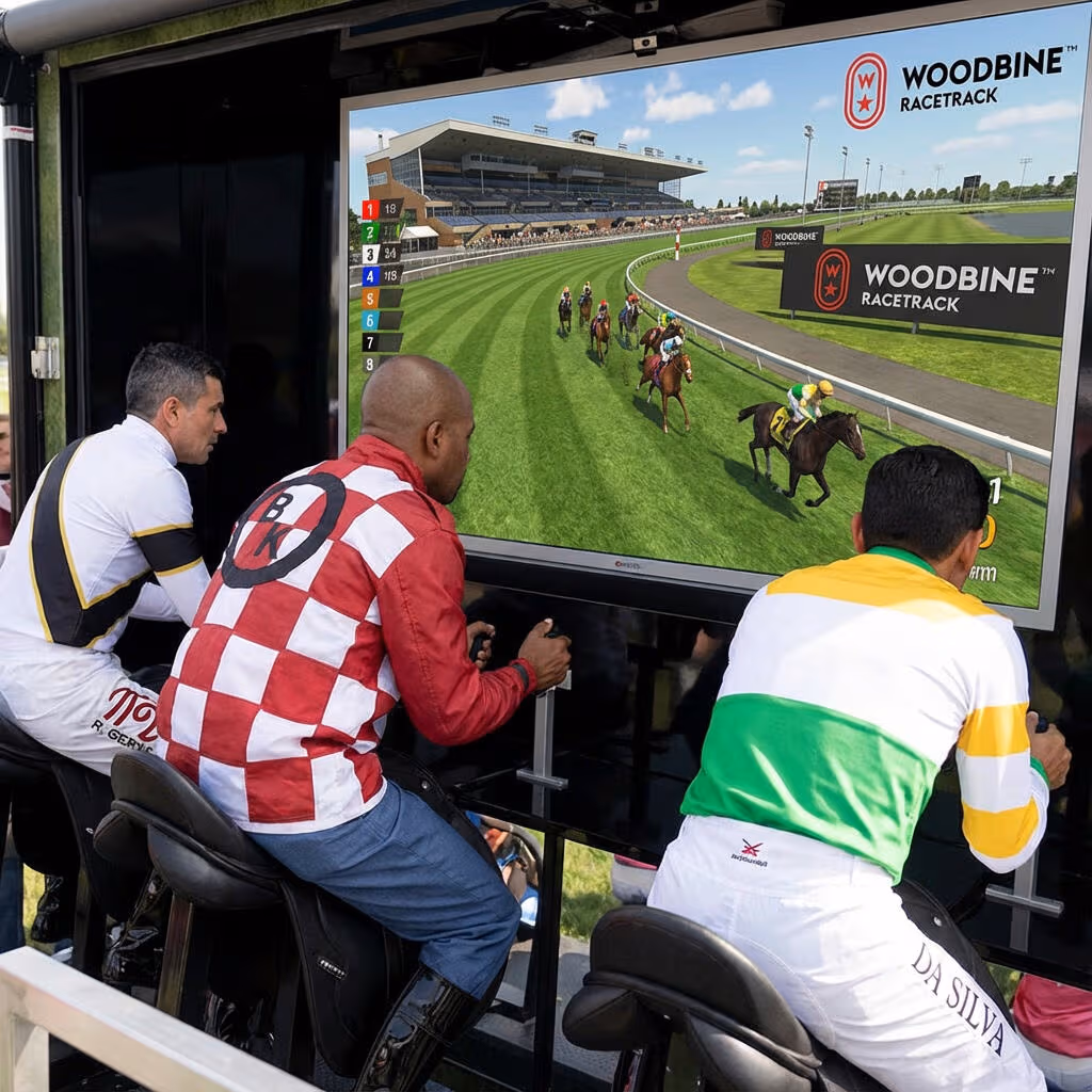 Players on saddle stools racing each other on Spark Play's motion-controlled horse racing simulator, Woodbine Racetrack.