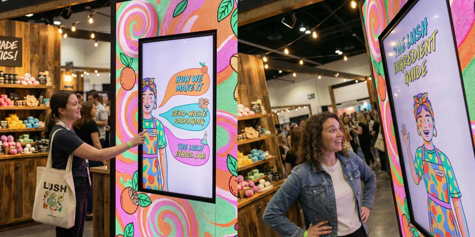 Visitor engaging with a colourful interactive brand activation.