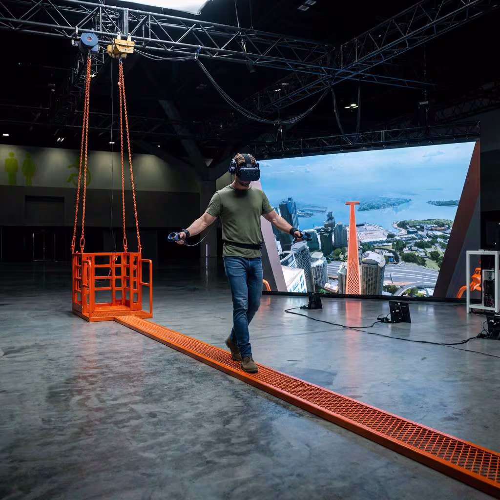 Participant walking a plank in a full-motion VR simulation for Disney+ Limitless.