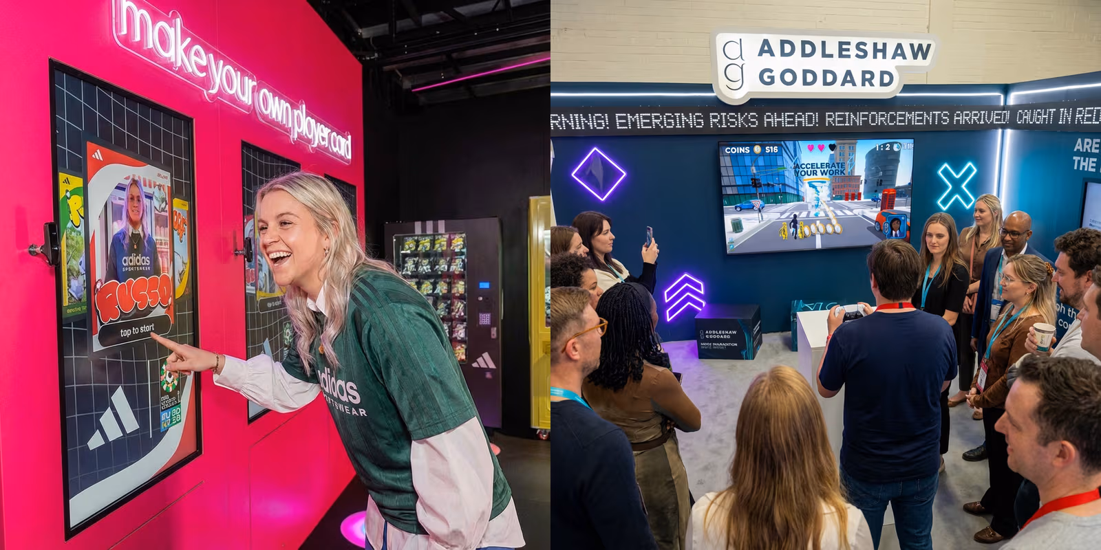 Visitor interacting with a vibrant branded touchscreen activation.
