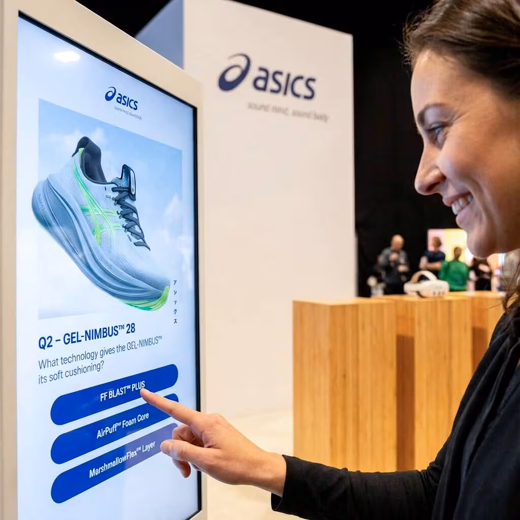 Visitor tapping through an ASICS product-knowledge quiz on a touchscreen kiosk.