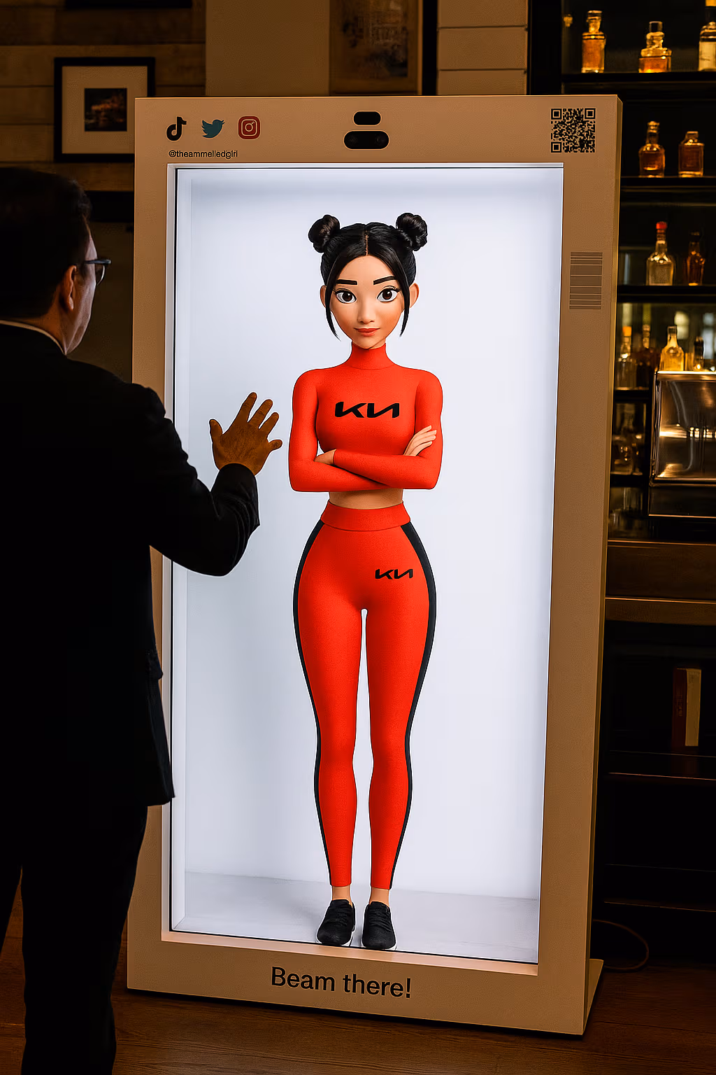 Visitor interacting with a life-sized AI avatar inside a holobox.