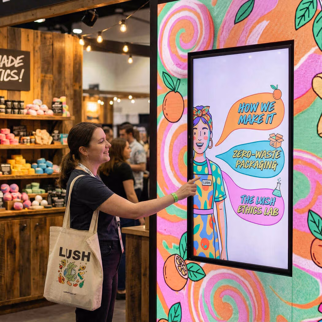 Visitor using the cartoon-style Lush AI StoryGuide on a touchscreen.