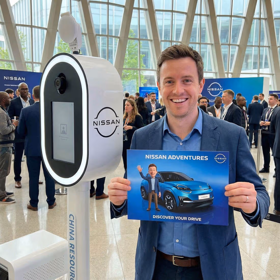 Visitor holding a Nissan Adventures AI photo-booth print of their animated character.