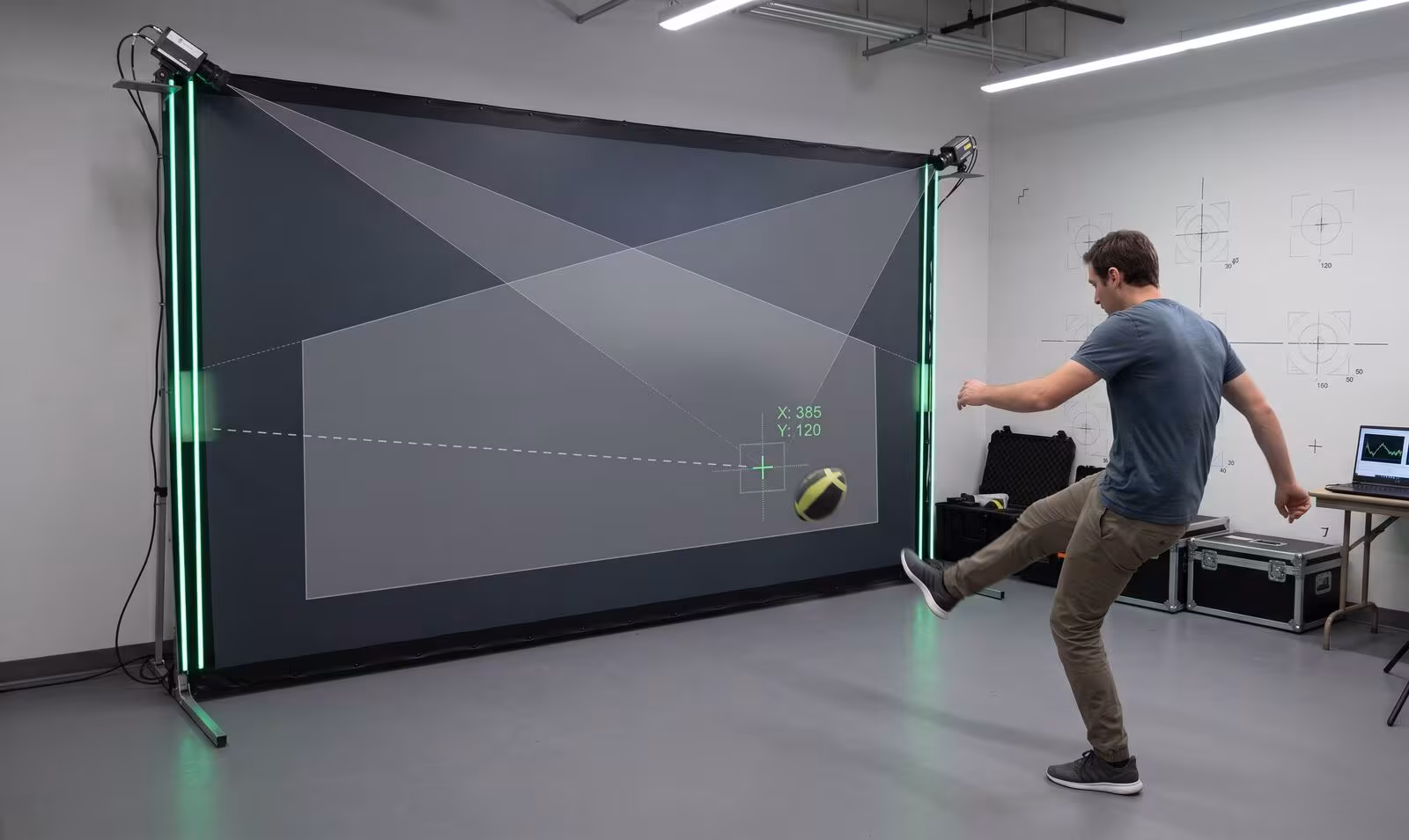 SparkEye detection layer tracking a thrown object’s position on a large play surface in the studio.